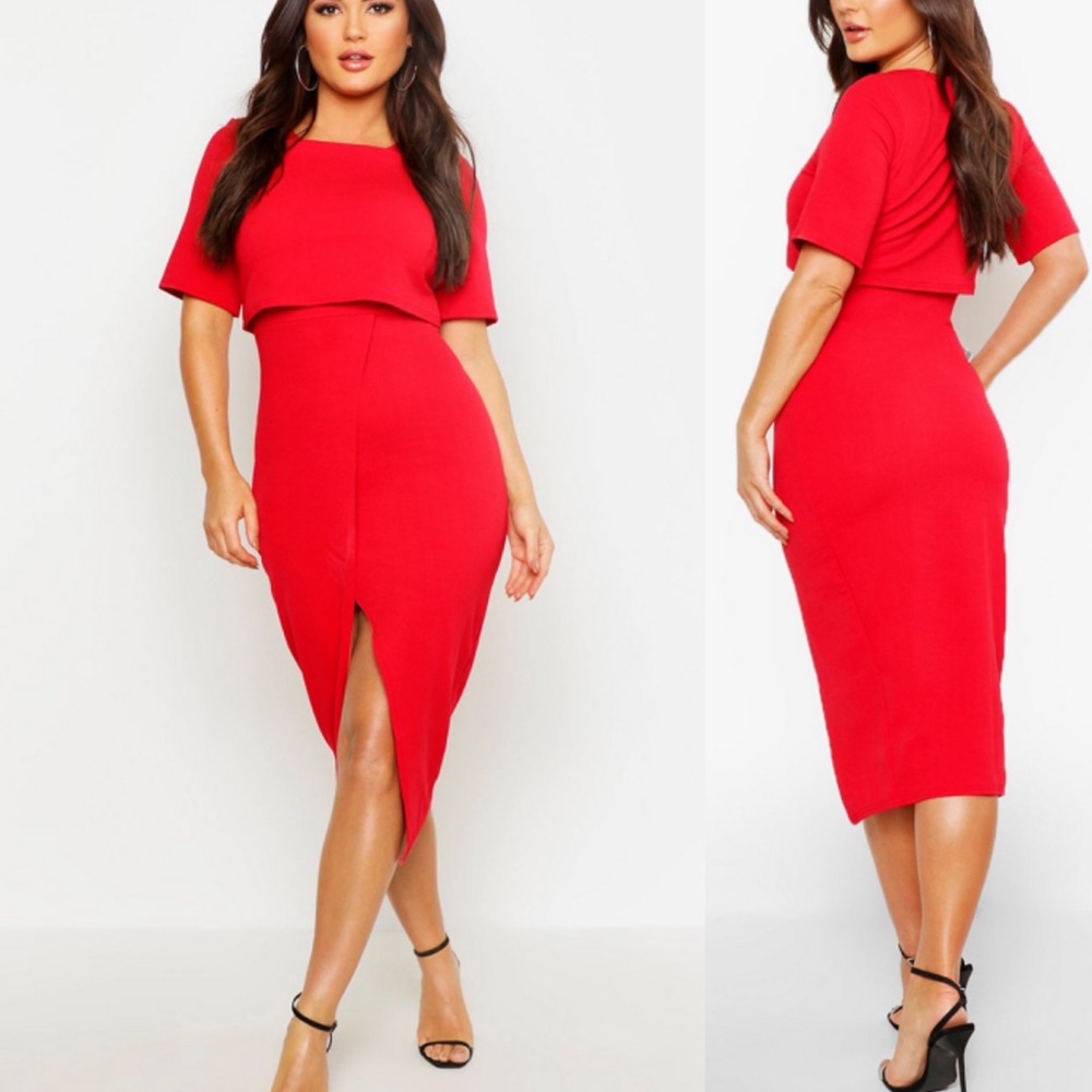 🆕Red Layered wrap pop over midi dress slit front